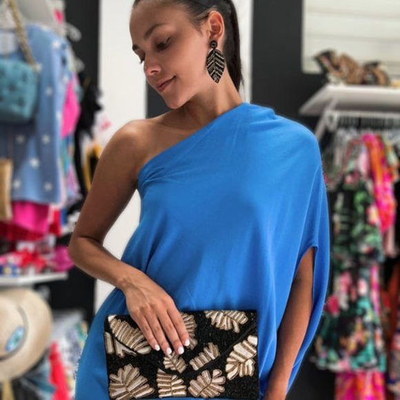 Black Gold Beaded Palm Leaf Bead Crossbody Chain Clutch Boho Handbag NEW - Picture 4 of 8